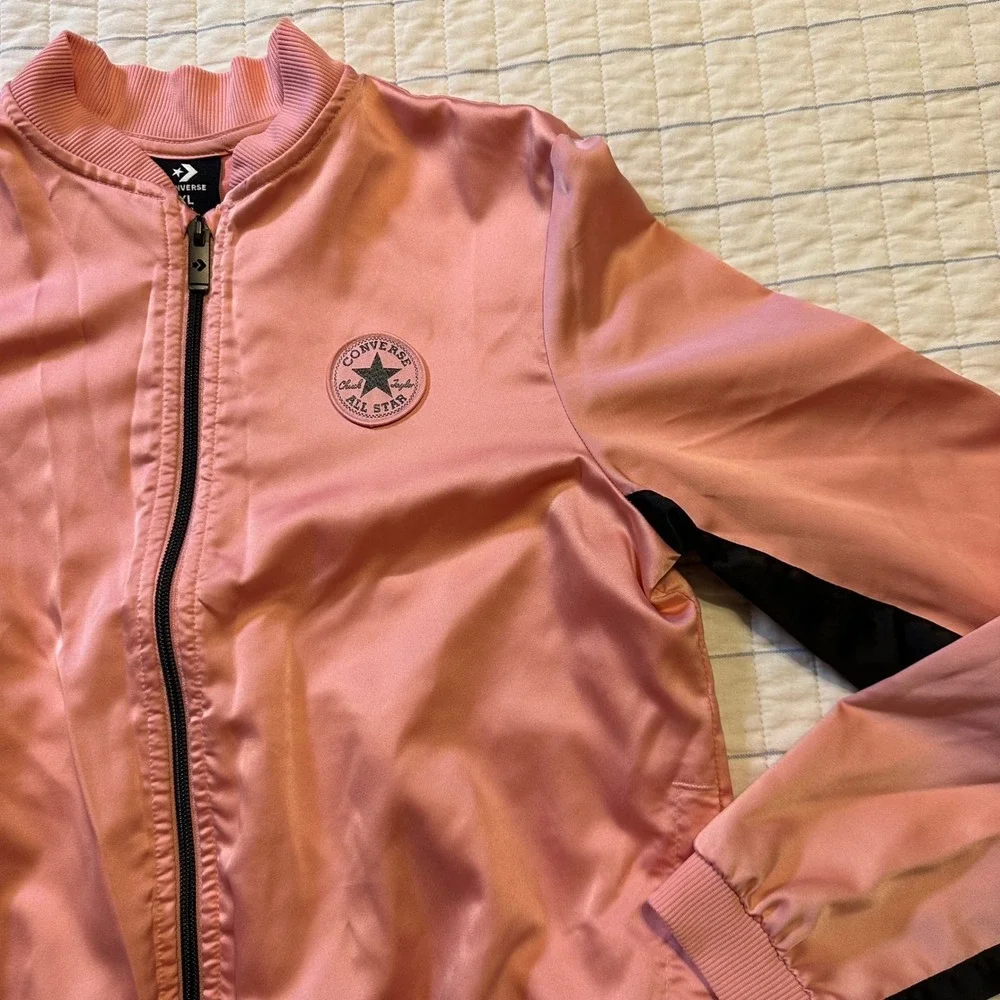 Converse All Star Kids XL Pink Satin Bomber Track Jacket Full Zip Black Stripe